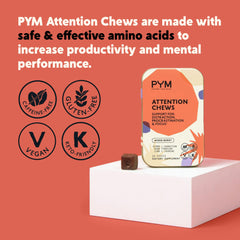 PYM Attention Chews two chews in hand for calm, focused workflow