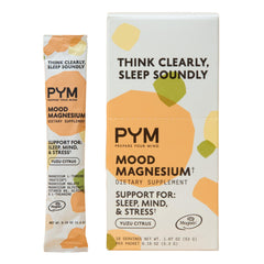 PYM Mood Magnesium packets packaging for on-the-go calm and stress management.