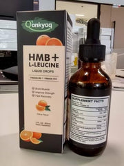 Q'ankyaq Leucine HMB liquid drops dispensed into a drink for quick dosing.