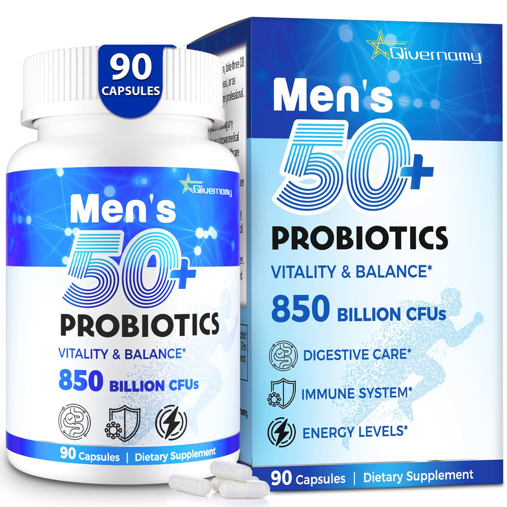 QIVERNAMY Probiotics for Men 50+ bottle front supports digestive balance and steady energy.