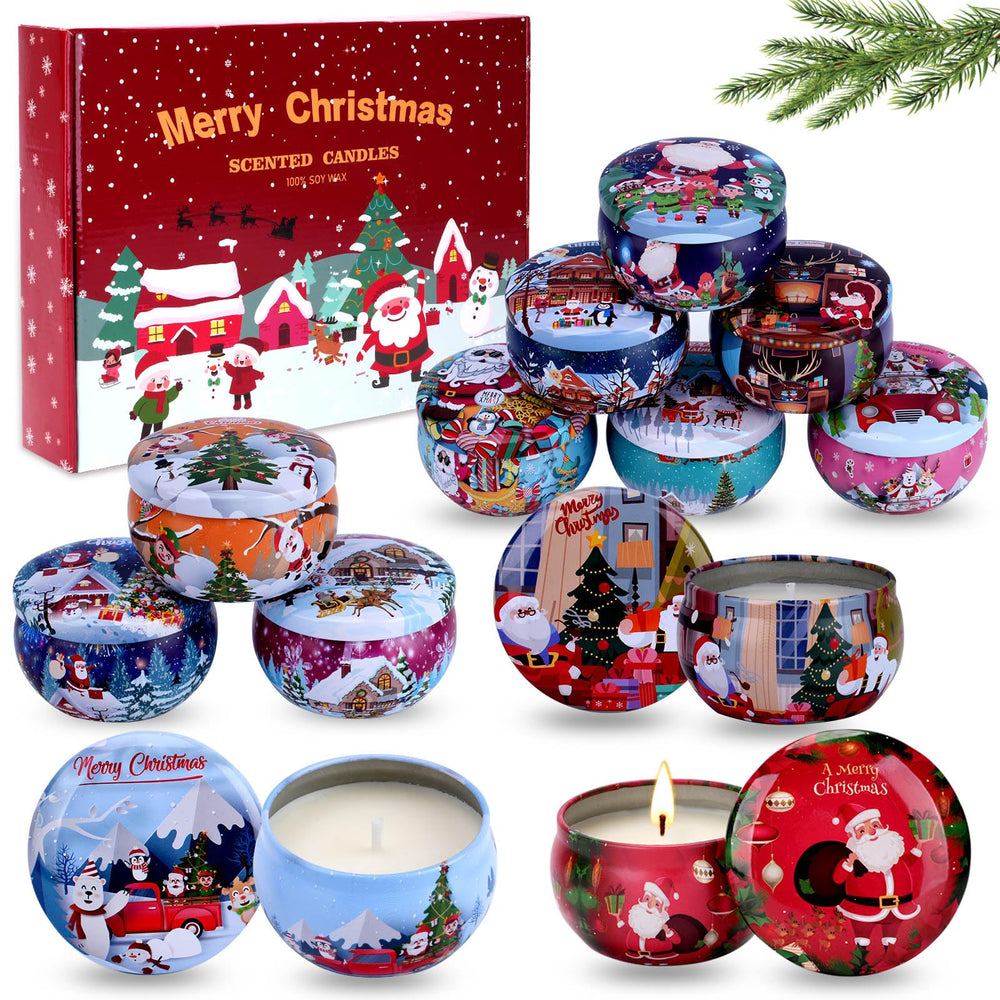 Qizeion Christmas Candles Set 12-pack tins for festive ambiance and gifting.