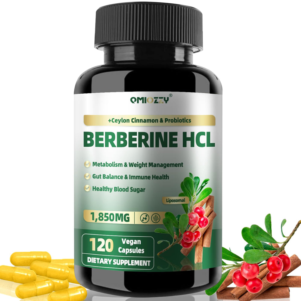 Qmiozzy liposomal berberine bottle label highlights high purity Himalayas extract and enhanced absorption