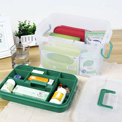 Qskely clear storage box interior with removable divider tray for organized grouping.