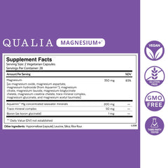 Qualia Magnesium+ bottle label close-up shows 10 magnesium forms and mineral sources