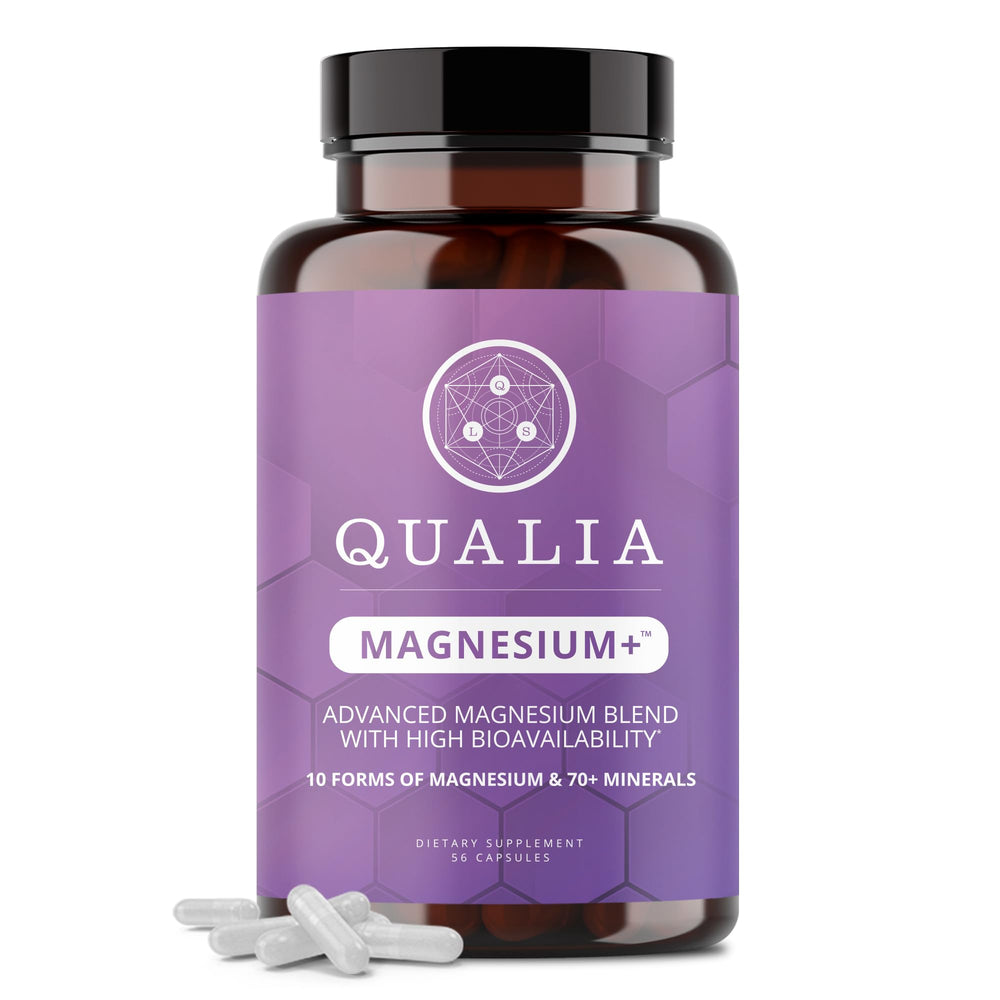Qualia Magnesium+ bottle pour demonstrates calming potential after busy days