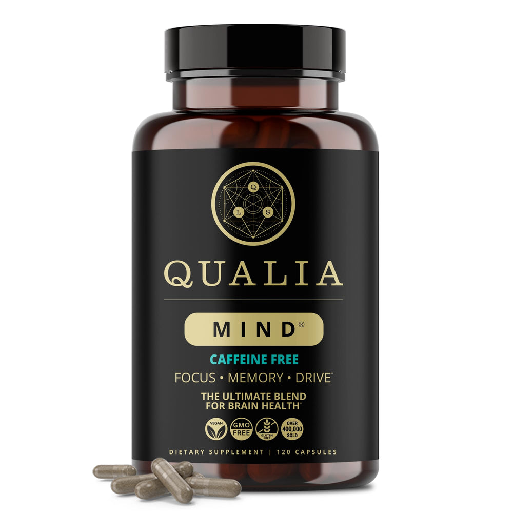 Qualia Mind Caffeine Free bottle for focused daily use.