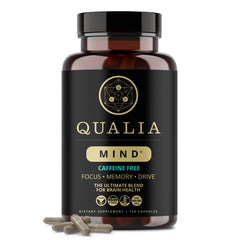 Qualia Mind Caffeine Free bottle for focused daily use.