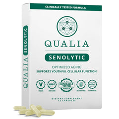 Qualia Senolytic bottle closeup with capsules suggesting potential support for healthy aging
