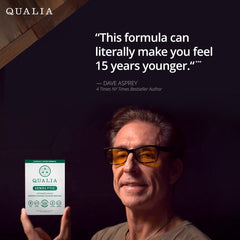 Qualia Senolytic packaging front emphasizing quality and science-backed ingredients