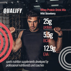 Qualify Strawberry Whey Protein Powder scoop measures 25g protein per serving