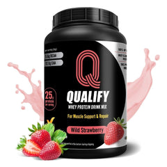 Qualify Strawberry Whey Protein Powder tub front with kosher and gluten-free labels