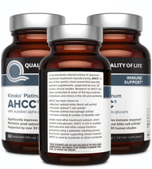 Quality of Life AHCC Kinoko Platinum pack shot for convenient multi-pack immune support.