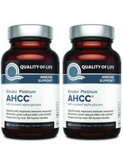 Quality of Life AHCC Kinoko Platinum pack front shows a convenient two-bottle set for immune support.