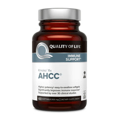 Quality of Life AHCC Rx softgel bottle shows branding and immune support potential