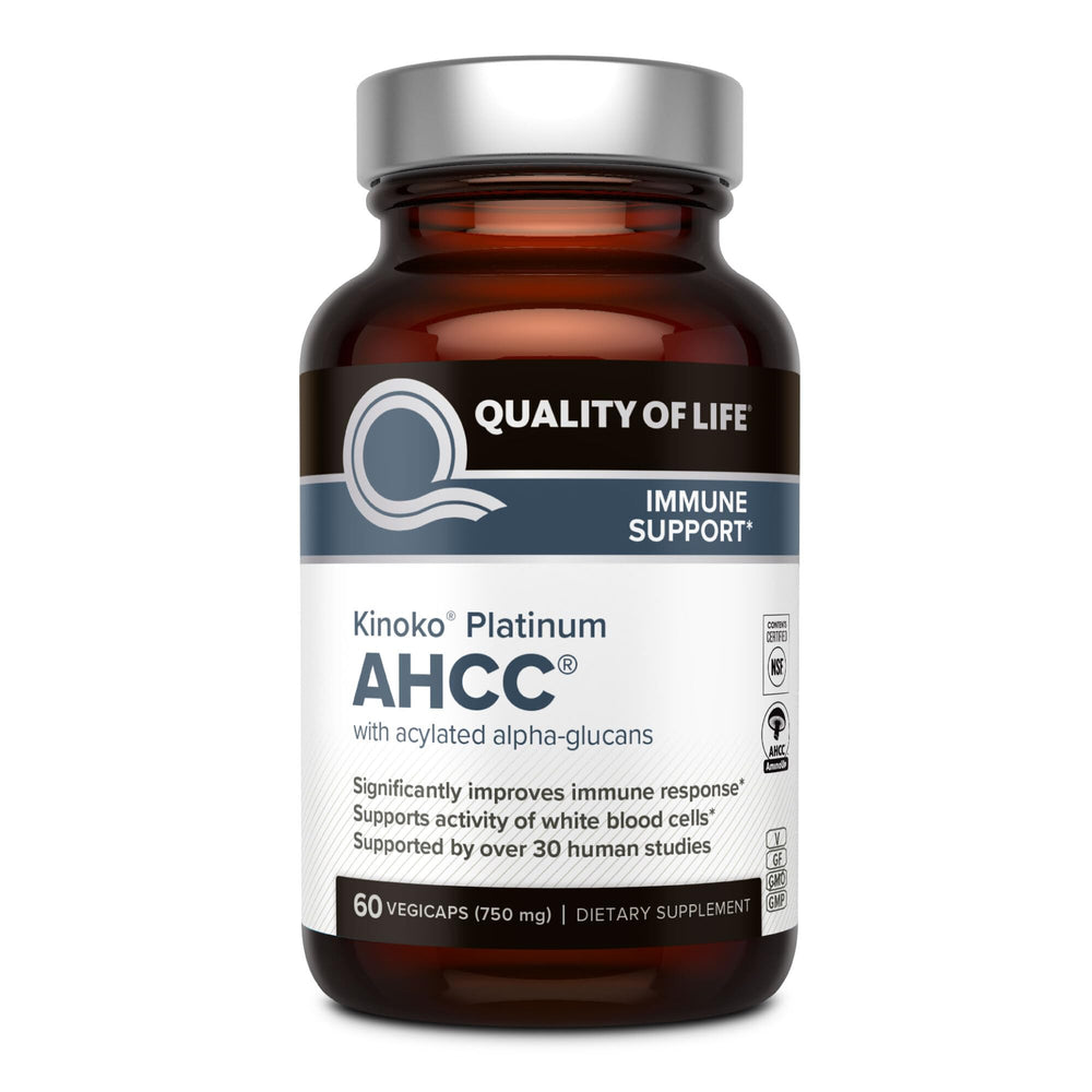 Quality of Life Kinoko Platinum bottle showcases potent AHCC immune support for daily wellness.