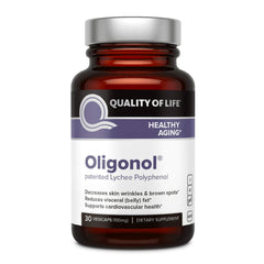 Quality of Life Oligonol Premium bottle front suggests healthy aging and circulation.