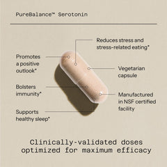 Quality of Life Pure Balance Serotonin label detail shows vegan, gluten-free attributes.