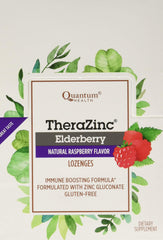 Quantum Zinc Elderberry Raspberry lozenge box showing organic and Non-GMO formulation