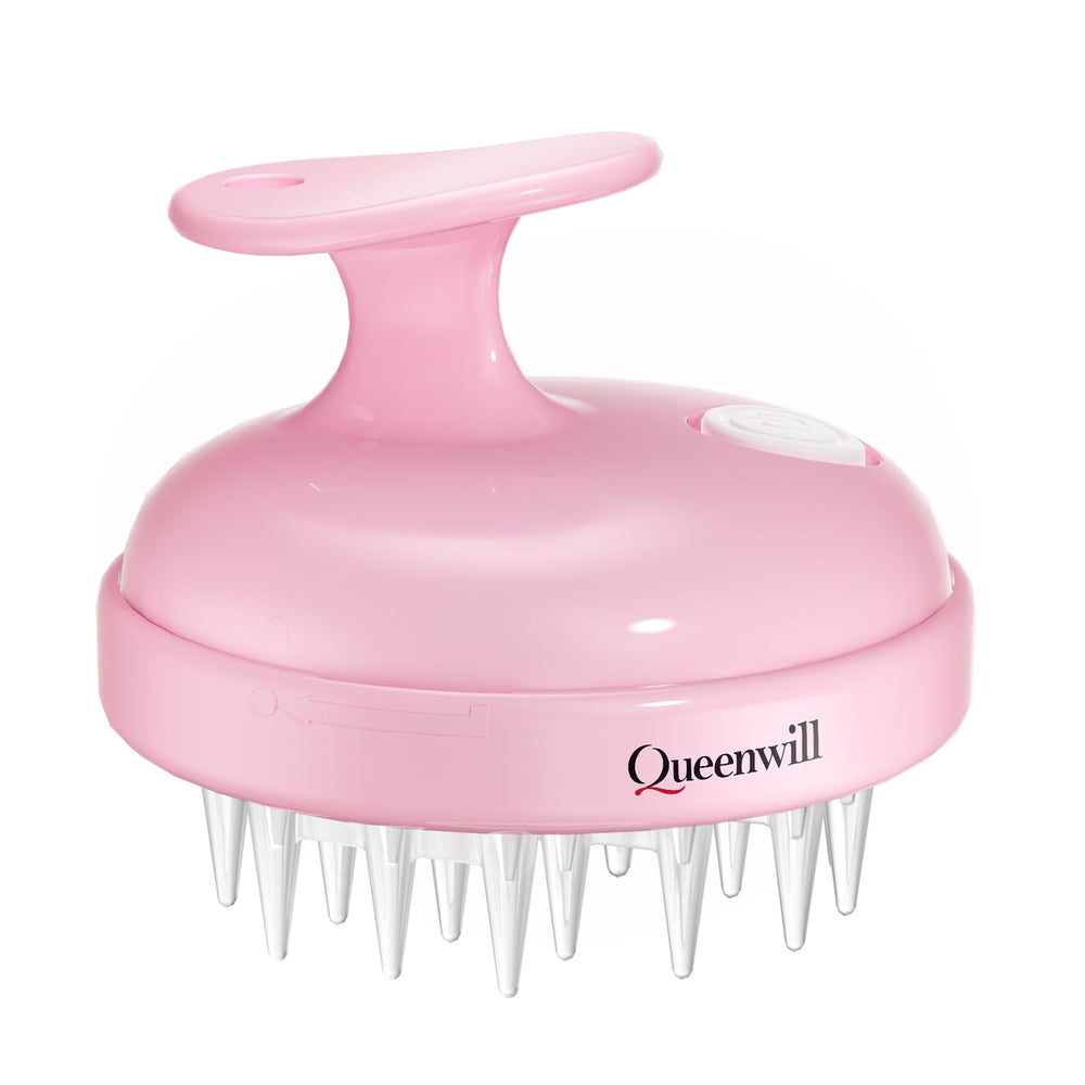 Queenwill electric scalp massager, handle close-up, ergonomic grip for comfortable use.
