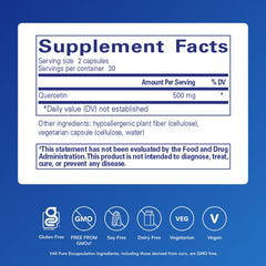 Quercetin 500mg capsules closeup highlighting compact daily supplement.