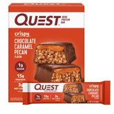 Quest chocolate caramel pecan crispy bar with indulgent flavor and gym-friendly protein snack