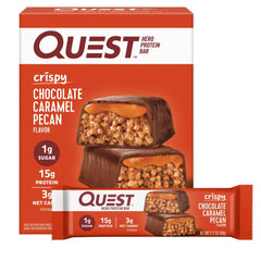Quest chocolate caramel pecan crispy bar with indulgent flavor and gym-friendly protein snack