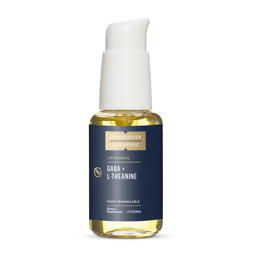 Quicksilver Scientific liposomal GABA + L Theanine bottle showing calm focus support