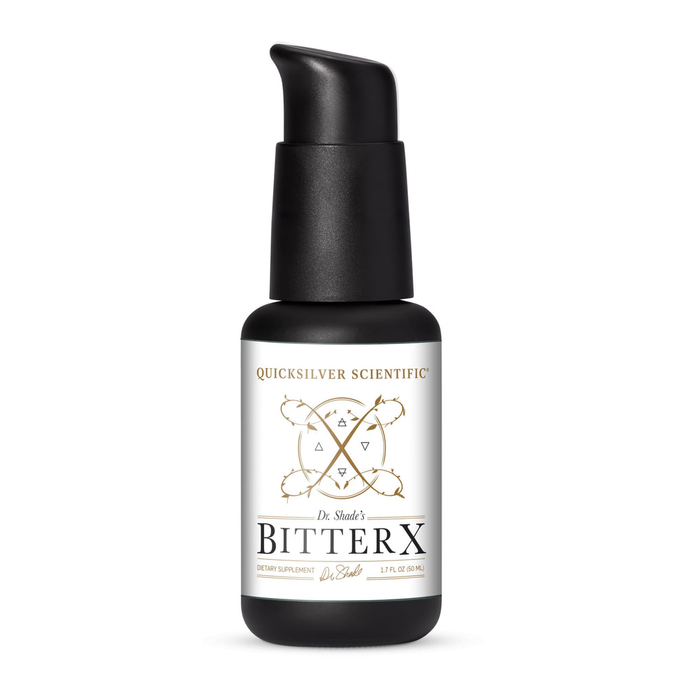 Quicksilver Scientific Dr. Shade's BitterX bottle label shows concentrated digestive bitters for support