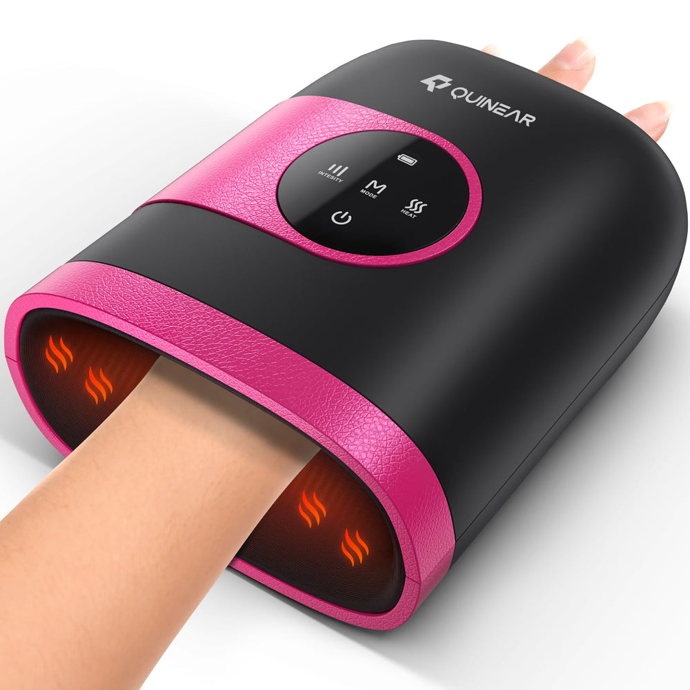 QUINEAR Hand Massager pink chamber with hand for soothing compression.