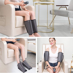 QUINEAR leg massager controller close-up showing modes and intensity options.