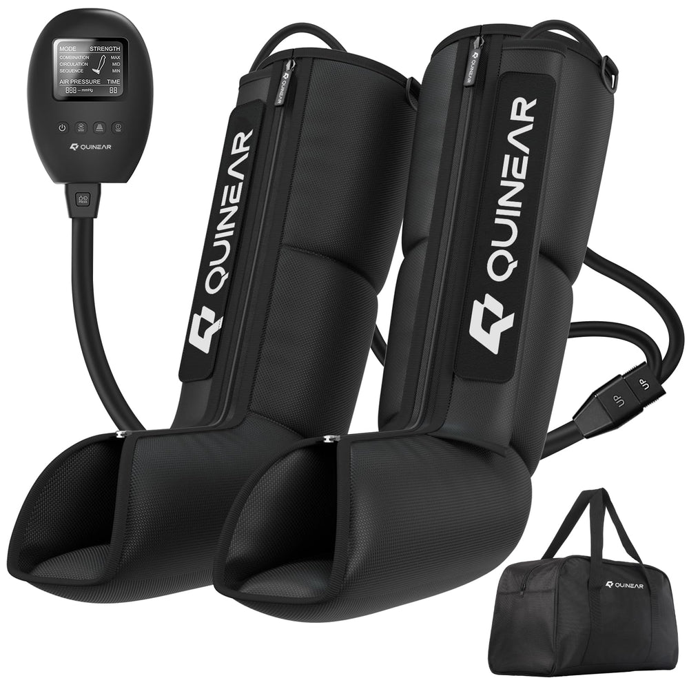 Quinear leg recovery system foot-calf wrap delivering targeted compression for improved circulation.