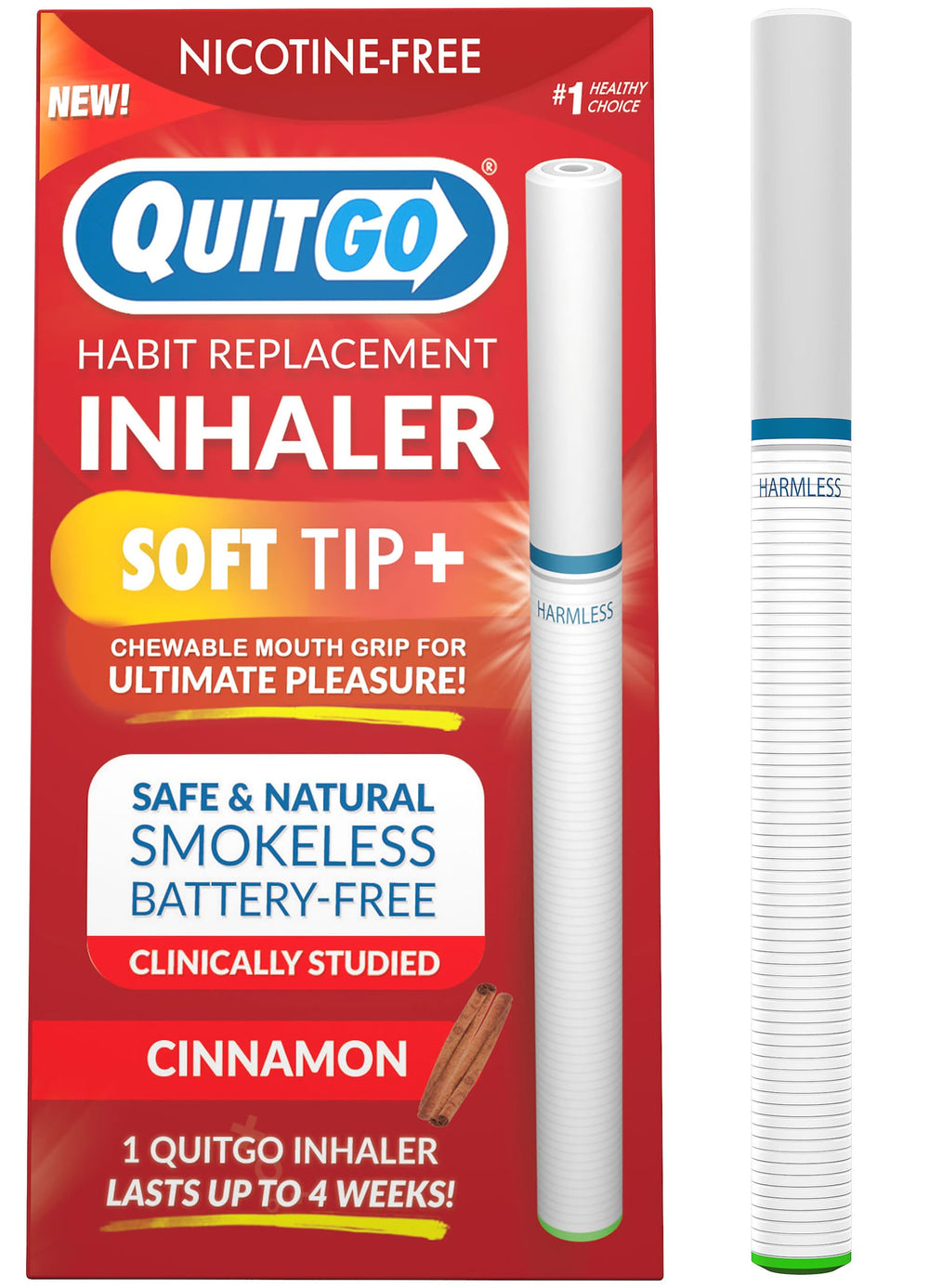 QuitGo inhaler with soft-tip mouth grip offers discreet craving control.