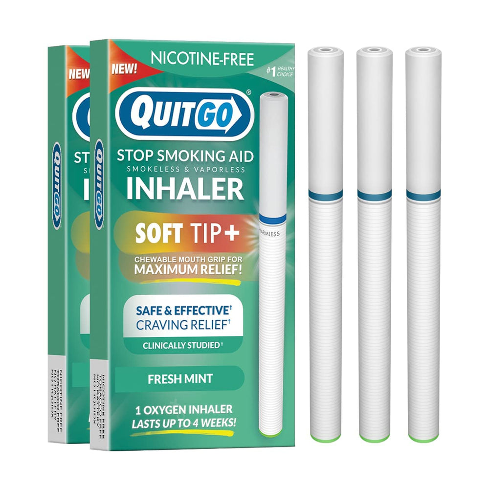 QuitGo soft-tip inhaler with fresh mint in a discreet 3-pack for oral support.