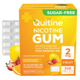 Quitine Nicotine Gum 2mg Fruit Flavor packaging for easy, portable craving relief.