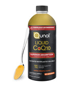 Qunol CoQ10 liquid bottle pour showing the easy-dispense format and potential support for energy production.