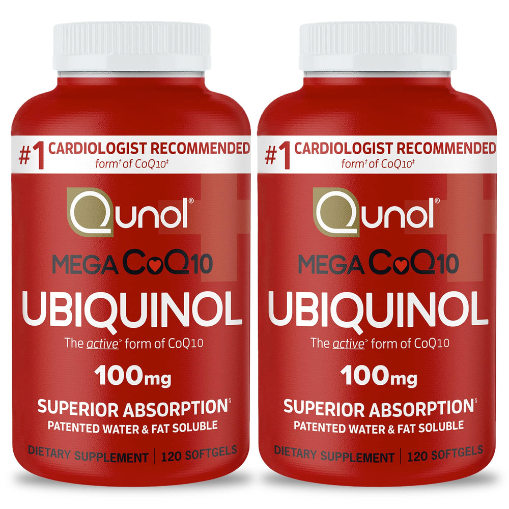 Qunol Mega Ubiquinol CoQ10 bottle highlighting superior absorption for daily energy support.