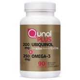 Qunol Plus bottle front with ubiquinol-coq10 and omega-3 for heart-supportive nutrition.