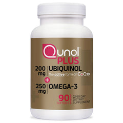 Qunol Plus bottle front with ubiquinol-coq10 and omega-3 for heart-supportive nutrition.