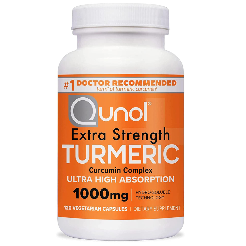 Qunol Turmeric Curcumin bottle front label highlighting 1000 mg potency and ultra high absorption.