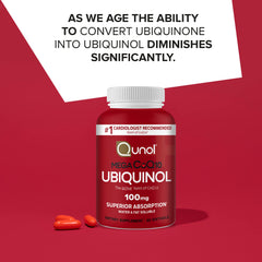 Qunol ubiquinol 100mg softgels packaging – clear label for quick reference.