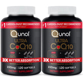 Qunol Ultra CoQ10 bottle view with 100 mg softgels for daily support.