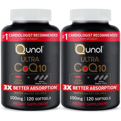 Qunol Ultra CoQ10 bottle view with 100 mg softgels for daily support.