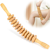 RACOC curved wood therapy roller tool forearm for deep tissue massage and lymphatic relief.