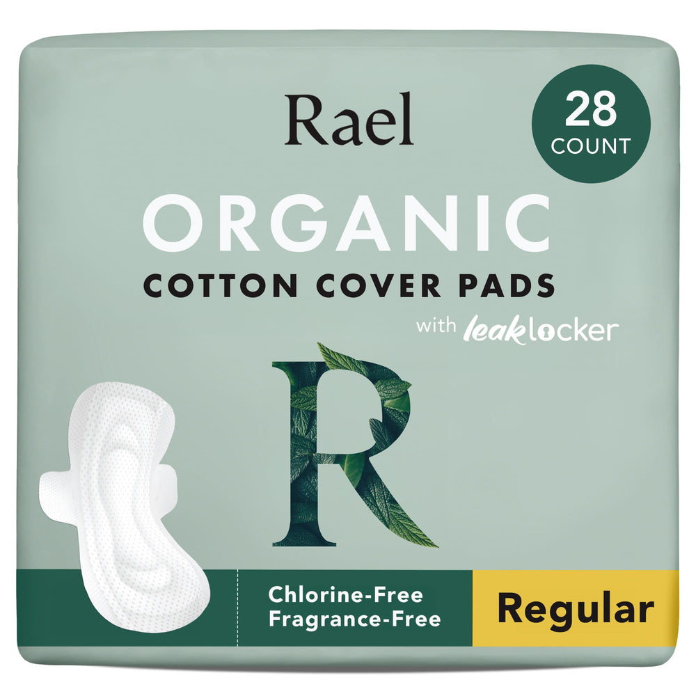 Rael Organic Cotton Cover Pads packshot shows regular absorbency and unscented design.