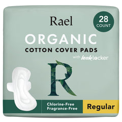 Rael Organic Cotton Cover Pads packshot shows regular absorbency and unscented design.