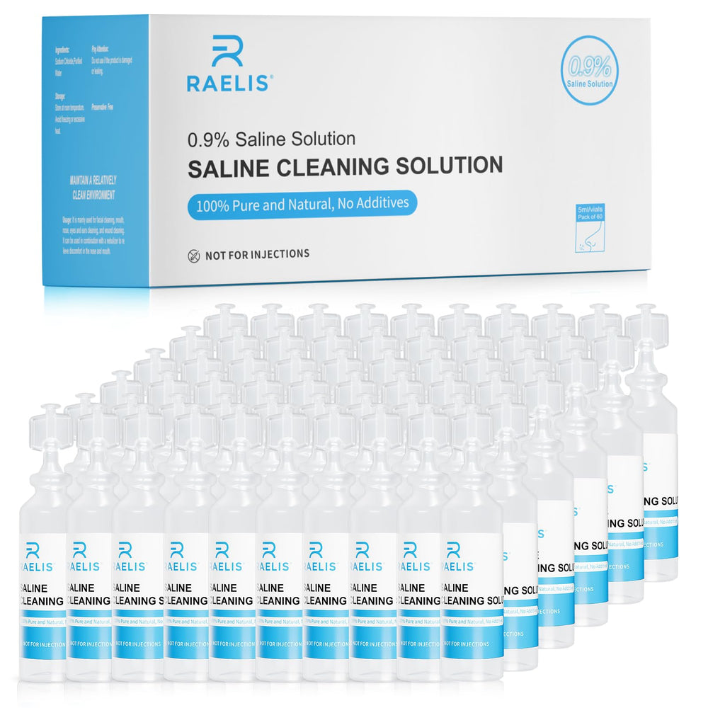 RAELIS saline bottle close-up highlighting additive-free purity for home use