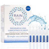 Rain eye drops bottle pour shows quick, preservative-free relief for dry eyes.
