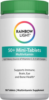 Rainbow Light 50+ mini-tablet bottle for daily immune support.