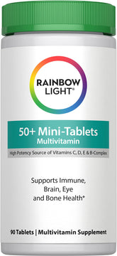 Rainbow Light 50+ mini-tablet bottle close-up, easy daily multivitamin for adults over 50.