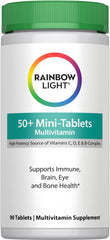 Rainbow Light 50+ mini-tablet bottle close-up, easy daily multivitamin for adults over 50.